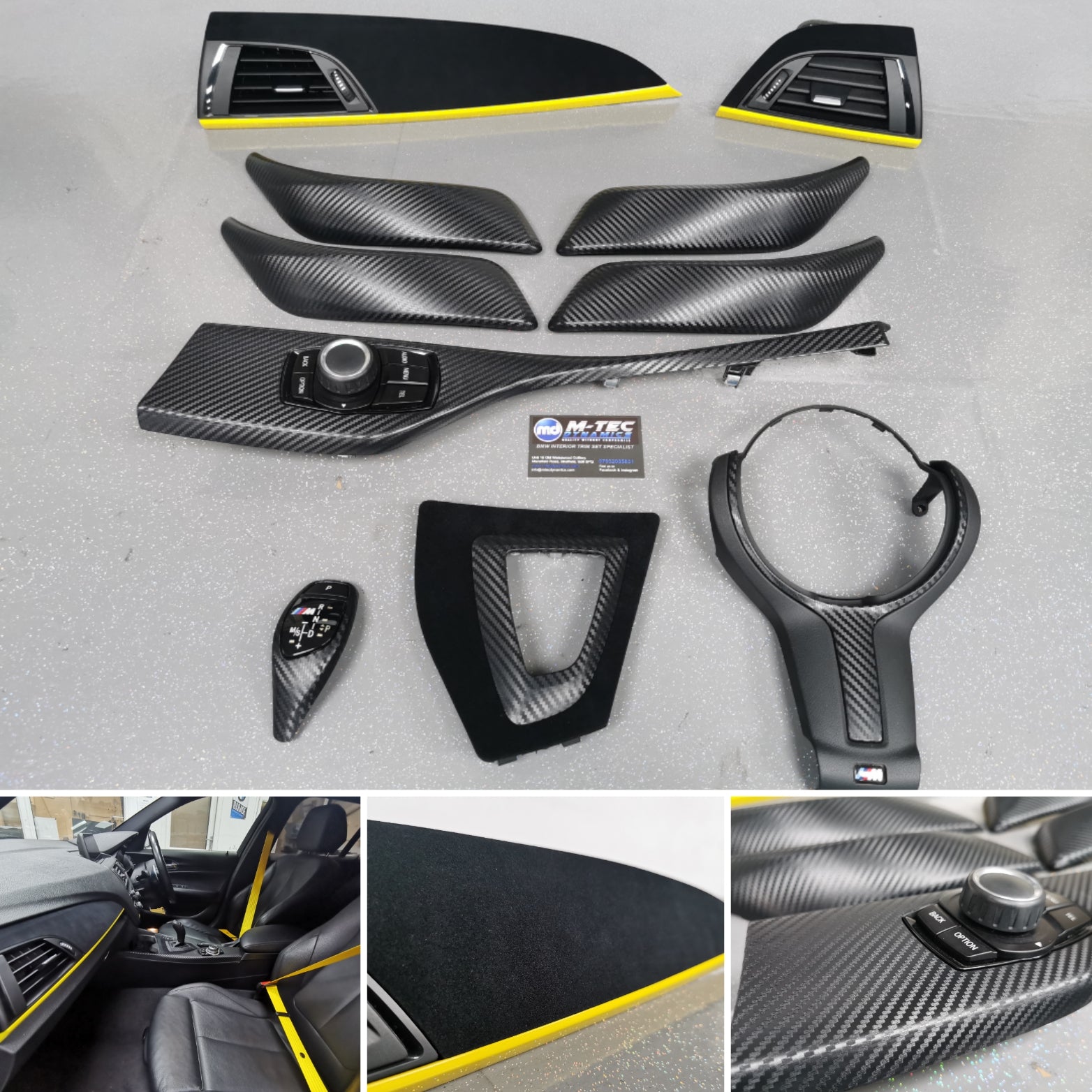 BMW F20 F21 F22 F23 CUSTOM INTERIOR TRIM SET - WRAPPING SERVICE - 3D CARBON / ALCANTARA / YELLOW ACCENT